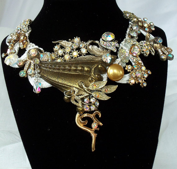 Haute Couture Rhinestone, brass, n crystal statement necklace handmade by Marelle Couture. https://marellecouture.etsy.com  #statementnecklace #rhinestonenecklace #MarelleCouture