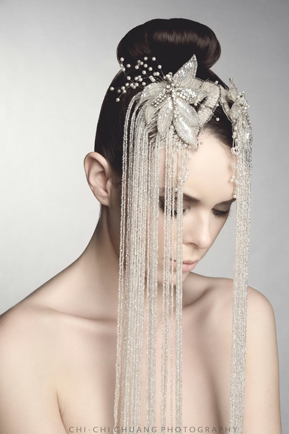 model wearing glass beaded hair combs made by Marelle Couture. 
