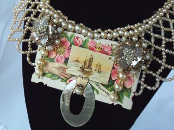 Vintage Couture Necklace made with Victorian Calling card and vintage pearl beads by Marelle Couture #VintageCouture #Jewellery #MarelleCouture #CallingCard https://marellecouture.etsy.com