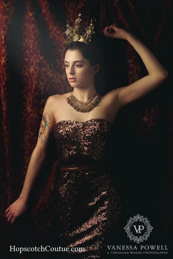 Photo of Model in Handmade Accessories and Jewelry by Marelle Couture for Hopscotch Couture. https://hopscotchcouture.com/products/custom-made-crowns-statement-royal-accessory-stage-n-screen-accessory-formal-crowns-made-to-order-by-marelle-couture #uniqueaccessories #handmadeaccessories #brasscrown 