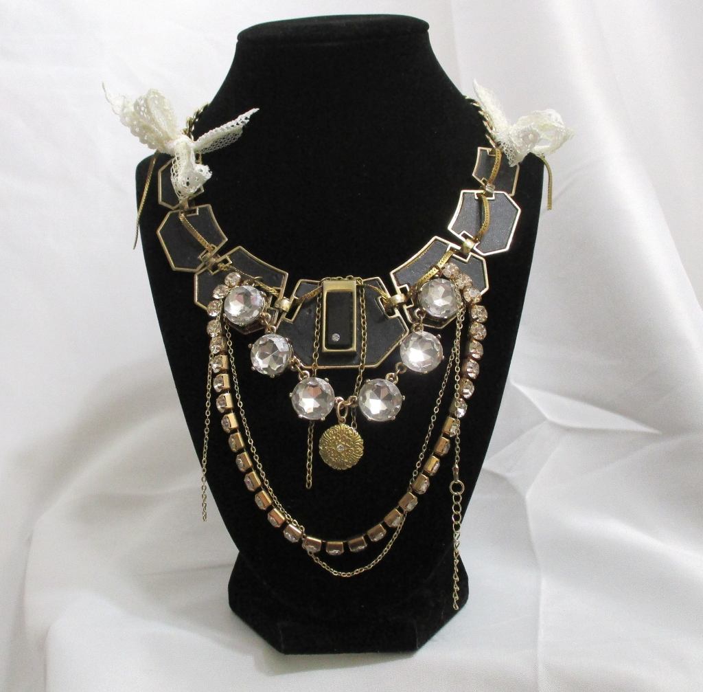 The Ritz, Statement Black and gold rhinestone statement necklace handmade by Marelle Couture for Hopscotch Couture. https://hopscotchcouture.com/ #statementnecklace #theritz #blackrhinestonenecklace #rhinestonenecklace