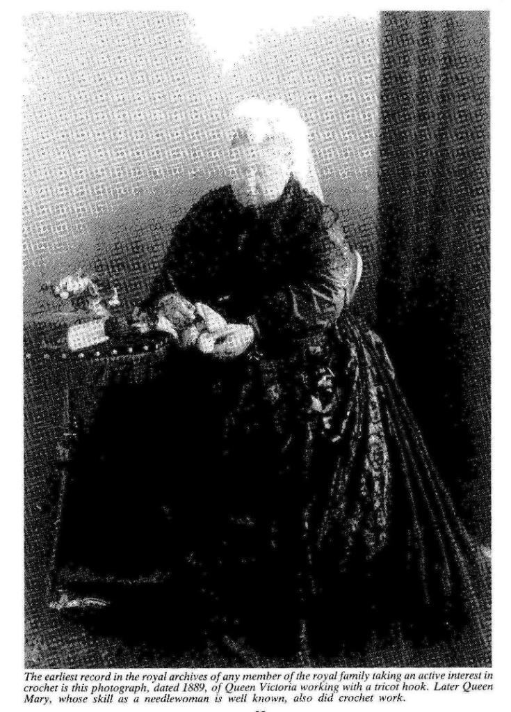 Picture of Queen Victoria Crocheting with a tricot hook in 1889