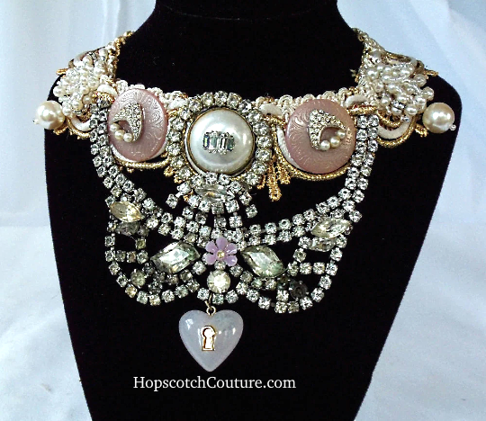 Statement Bridal Bib Necklace made with vintage rhinestones n silk ribbon by Marelle Couture. https://marellecouture.etsy.com #bridalbibnecklace #custombridalnecklace #MarelleCouture #Rhinestonenecklace