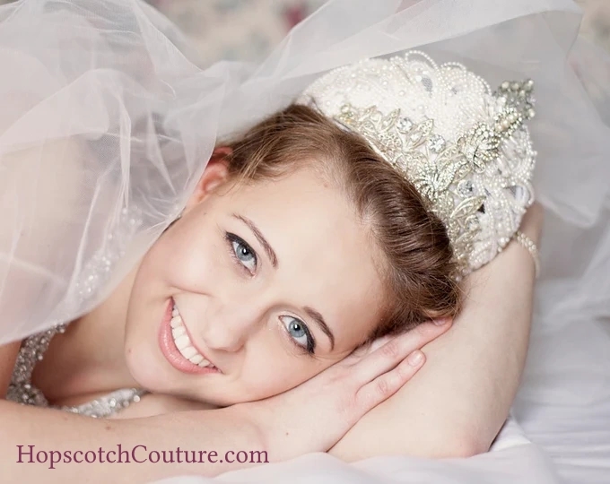 Bride wearing a headpiece by Marelle Couture